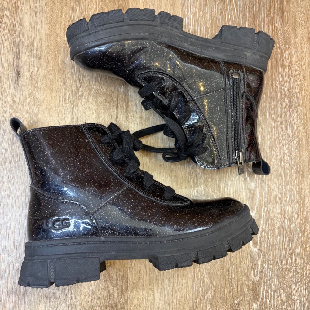 UGG Ashton Glitter Black Patent Combat Boots Kids Size 2 1151571K